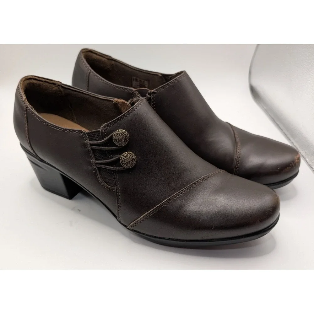 Clarks‎ Emslie Warren Shooties Brown Leather Ankle Booties Block Heel Size 9.5